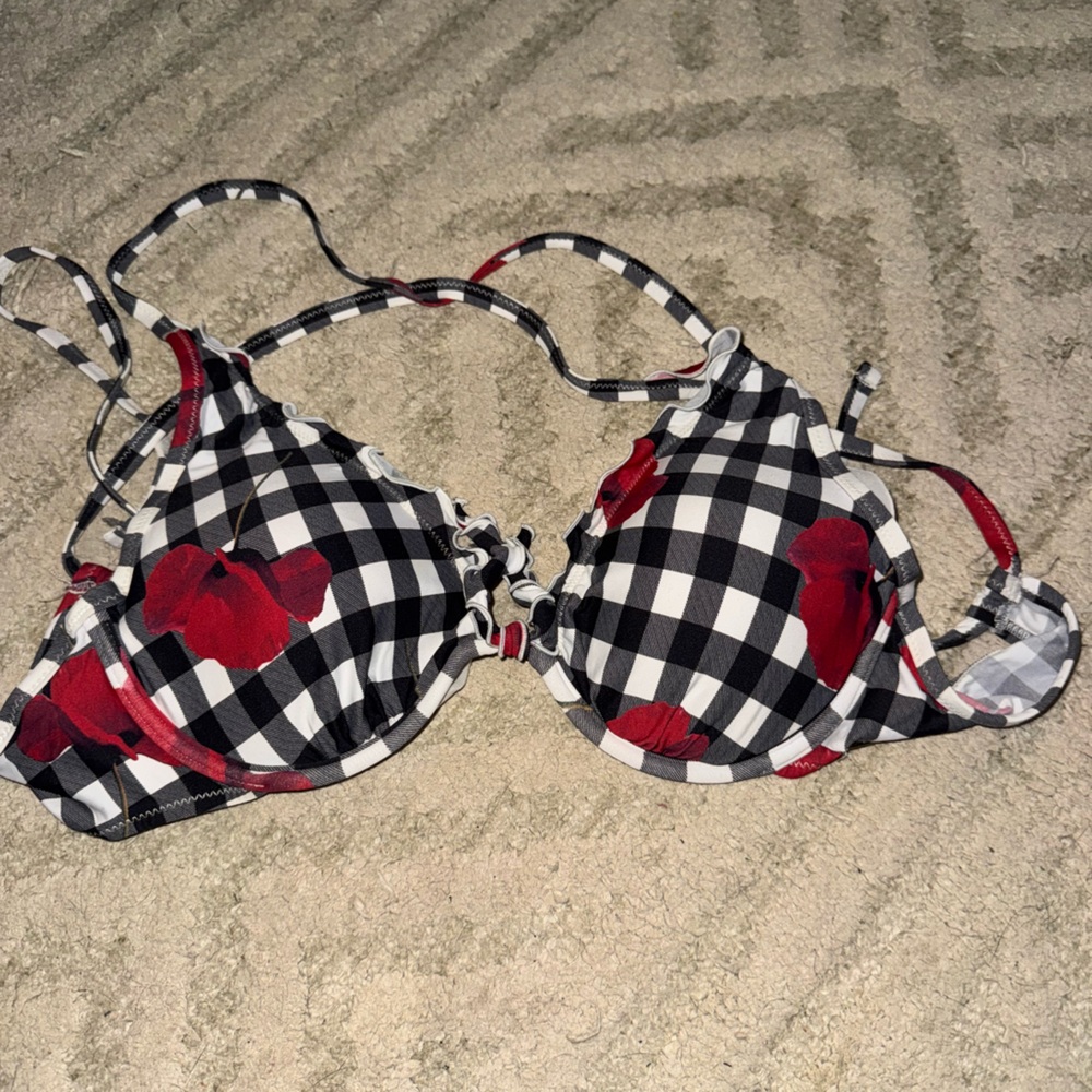 Guess Black and White Checkered Bikini Top with Red Accents